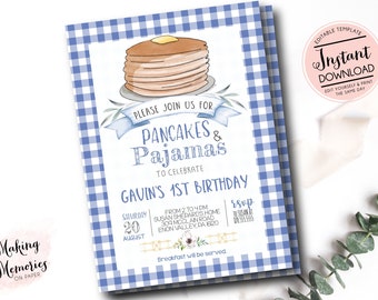 May include: A blue and white gingham patterned invitation with the text "Pancakes & Pajamas" to celebrate Gavin's 1st birthday. The invitation features a watercolor illustration of pancakes with butter and the words "Instant Download".