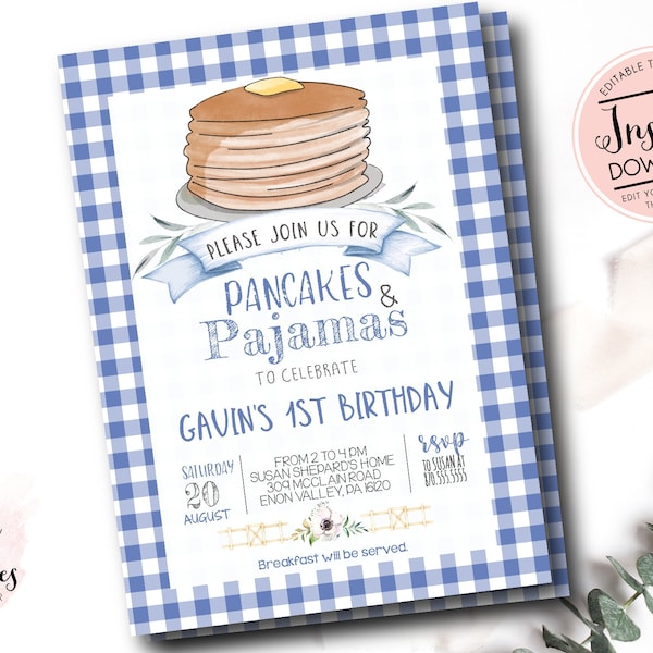 Pfannkuchen und Pyjamas Geburtstagseinladung, Pfannkuchen-Party einladen, digitale Datei, Pyjama-Party, Sleepover-Party, bearbeitbare Vorlage, Pfannkuchen