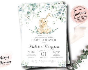 bunny baby shower invitation, Greenery Bunny Baby Shower, Gender Neutral Bunny Baby Shower, iNSTANT download edit yourself, wisp, boho bunny