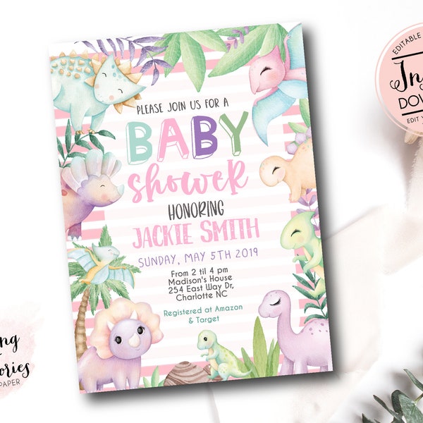 Girl Dinosaur Baby Shower Invitation, Editable Pink Dinosaur Baby Shower invite, Roar its a girl baby shower, Dinosaur Instant download