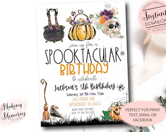 May include: A Halloween-themed birthday party invitation with the text "Spooktacular Birthday." The design includes illustrations of a witch's cauldron, pumpkins, a skull, and a broom. The invitation is for Jackson's 5th birthday.