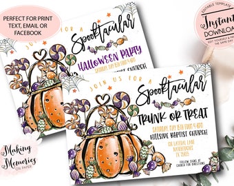 Op de afbeelding: Halloween-feestuitnodigingen met een ontwerp van een oranje pompoen en snoep. De uitnodigingen hebben de tekst "Spooktacular" en "Trunk or Treat". De uitnodigingen zijn versierd met spinnenwebben en sterren.