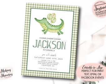 Editable Alligator Birthday invitation, Crocodile birthday invite, Printable Preppy Alligator birthday, Crocodile instant download