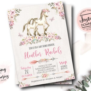 Horse Baby Shower Invitation, watercolor horse invitation, girl farm invite, farm baby shower invite, pony, instant download, Template