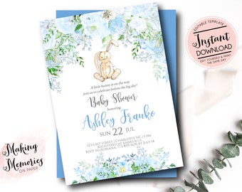 bunny baby shower invitation, Some bunny is one, easter invite, boy easter, boy bunny baby shower flowers, INSTANT download edit yourself