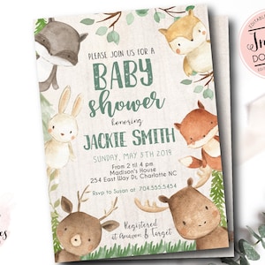 Woodland Baby Shower Invitation, boy Woodland Baby Shower Invite, Baby Boy Shower, rustic baby shower Edit yourself instant download