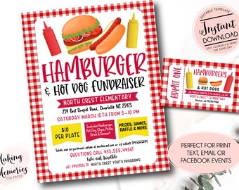 Hot Dog und Hamburger Dinner Flyer, bearbeitbare Hamburger Fundraiser Einladung, pt pta Church School Charity, Hamburger Fundraiser Vorlage