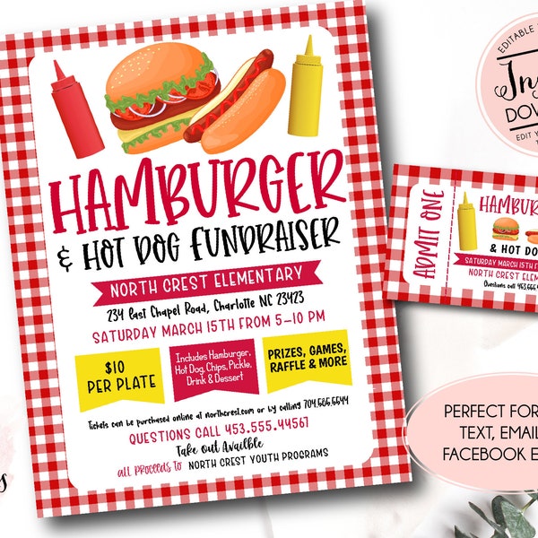 Hot Dog and Hamburger Dinner Flyer, Editable Hamburger fundraiser invitation, pto pta Church School Charity, Hamburger Fundraiser Template