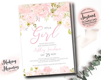 Baby Shower invitation, pink baby Shower, Template, Watercolor Flowers, Floral Invitation, pink, Invite, edit yourself, Pink invitation b1