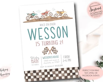 Dirt Bike Birthday Invitation, Editable One Speed Dirt Bike invitation, First Birthday Template, 1st birthday motorcycle birthday invitation