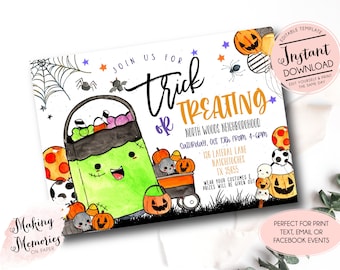 May include: A Halloween-themed invitation with a green monster bucket, pumpkins, and the words "Trick or Treating." The invitation includes event details and the text "Instant Download."
