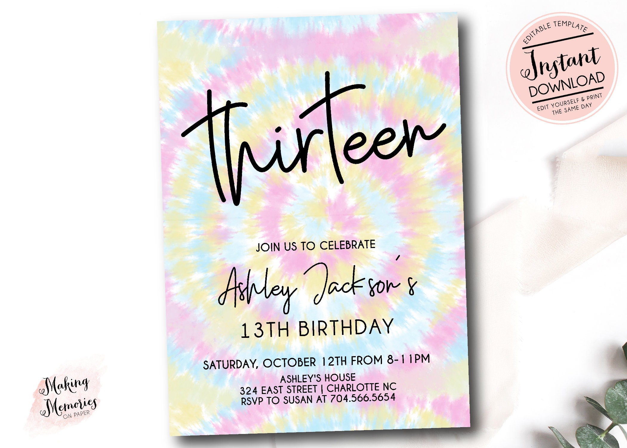 Teen Birthday Invitation Editable Teen Birthday Invite Tie Etsy New