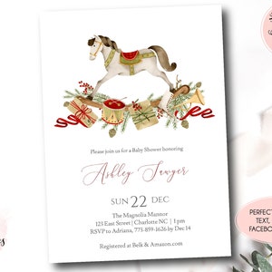Christmas Baby Shower Invitation, rocking horse shower Editable Invitation, Holiday shower Invite, Instant Download, Holiday baby shower