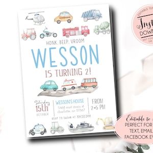 Editable Transportation Birthday Invitation, Truck Birthday Invitation Template, Cars Birthday Invite, Truck and Cars Birthday, Instant