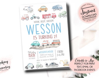 Editable Transportation Birthday Invitation, Truck Birthday Invitation Template, Cars Birthday Invite, Truck and Cars Birthday, Instant