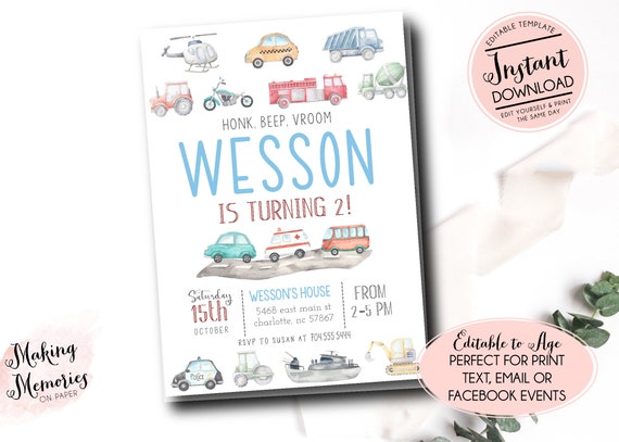 Editable Transportation Birthday Invitation, Truck Birthday Invitation Template, Cars Birthday Invite, Truck and Cars Birthday, Instant