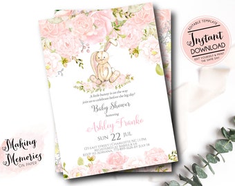 bunny baby shower invitation, Some bunny is one, easter invite, Its a girl, pink flowers, INSTANT download edit yourself, blush, b1