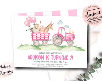 May include: A pink watercolor invitation for a barnyard-themed birthday party. The design features a pink tractor pulling a wagon filled with farm animals. Text reads "Addison is turning 2!" and includes party details.