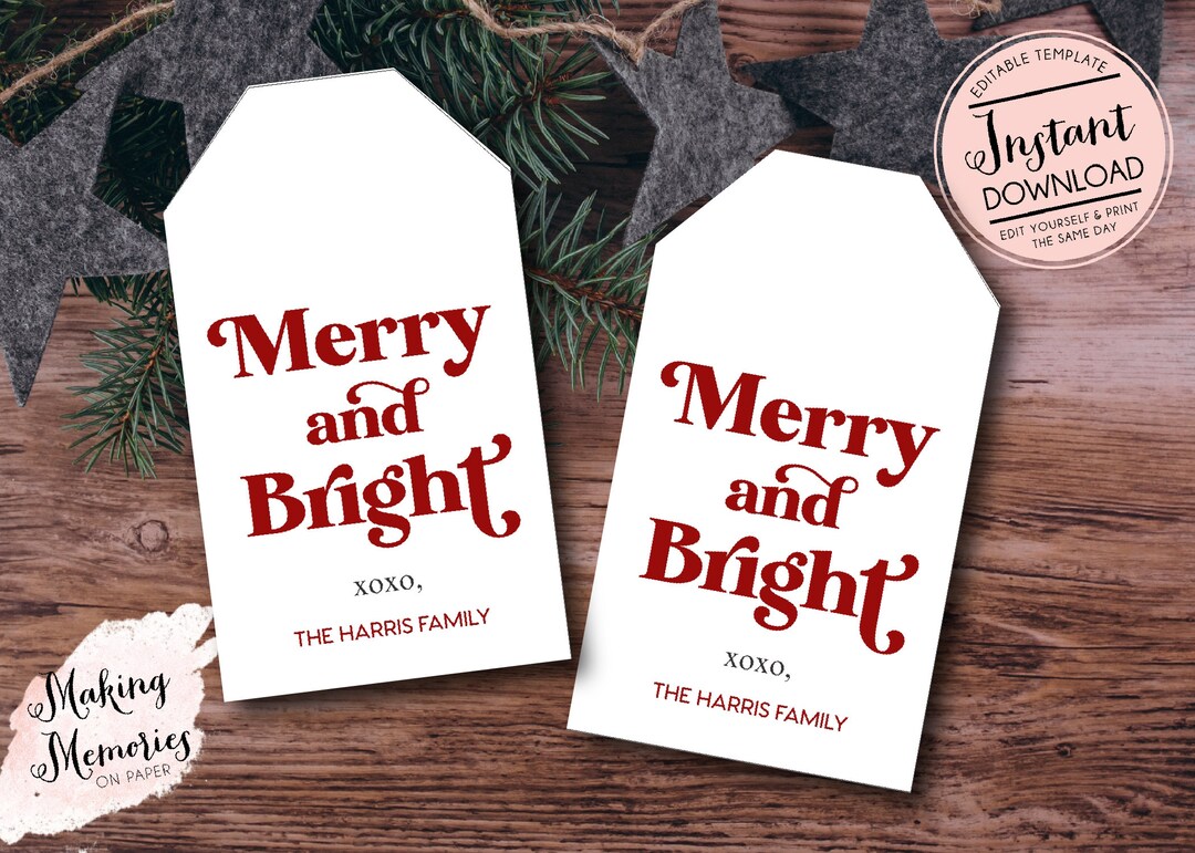 Merry and Bright Gift Tag, Christmas Gift Tag, Holiday Gift Tag ...