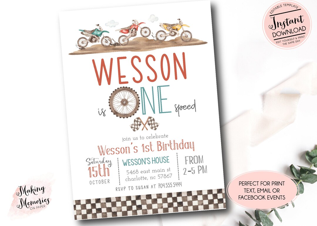 Editable Dirt Bike First Birthday Invitation, Dirt Bike Birthday