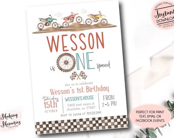 May include: A white invitation with a watercolor illustration of motocross bikes on a dirt track. The invitation reads "Wesson ONE is speed" and includes details for Wesson's 1st birthday.
