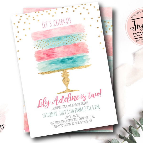 birthday cake invite, pink and teal Birthday Invitation, Random Age, NO theme party,  First Birthday, adult birthday, Teen Birthday invite,