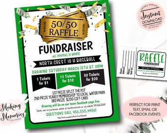 50/50 Raffle Ticket Fundraiser Flyer, split the pot Raffle fundraiser, cash raffle flyer, Sports Fundraiser, pto pta Church School Charity