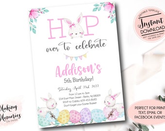Editable Easter birthday invitation, Bunny birthday Template, Easter birthday invite, Template, INSTANT download, girl easter birthday party