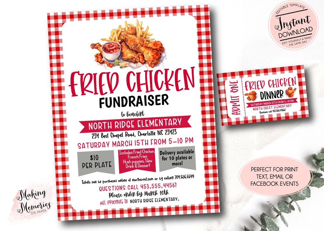 Fried Chicken Dinner Fundraiser Flyer, Editable Chicken Fundraiser