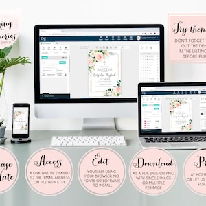 May include: A digital mockup of a computer screen, laptop, and phone showing a pink and gold floral baptism invitation template. The text on the invitation reads "Baptism Lily Rose Michael". The image also includes text describing the steps to purchase, access, edit, download, and print the template.