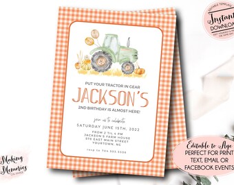 May include: An invitation with a watercolor illustration of a green tractor, pumpkins, and balloons. The text reads "Jackson's 2nd Birthday is Almost Here!" and includes event details. The invitation has an orange gingham border.