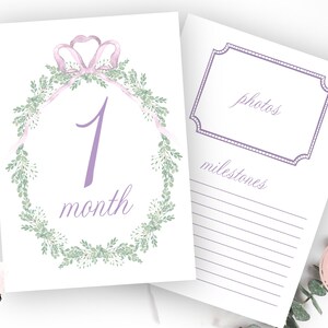 Tarjetas mensuales de hitos en color lavanda, tarjetas digitales de hitos para niña, tarjeta morada de hitos, descarga instantánea preppy, tarjeta rosa y azul para bebé.
