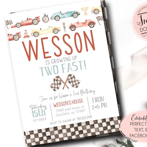 Op de afbeelding: Een afdrukbare verjaardagsuitnodiging met een racewagenthema. De uitnodiging bevat aquarel illustraties van raceauto's, geblokte vlaggen en de tekst "Wesson is growing up two fast!". Inclusief evenementdetails en een RSVP.