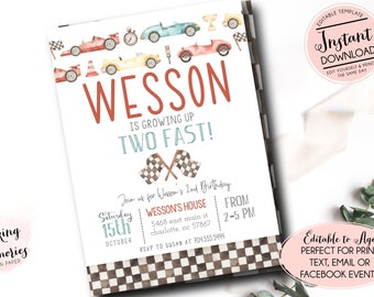 Race Car Second Birthday Invitation, Second birthday invitation, race car invitation, Two fast Birthday, boy Car Birthday, too fast race