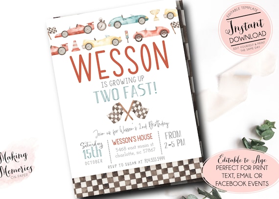 Race Car Second Birthday Invitation, Second birthday invitation, race car invitation, Two fast Birthday, boy Car Birthday, too fast race