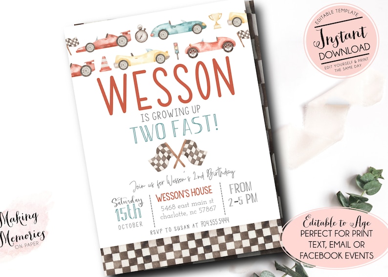 May include: A printable birthday invitation with a race car theme. The invitation features watercolor illustrations of race cars, checkered flags, and the text "Wesson is growing up two fast!" Includes event details and a call to RSVP.