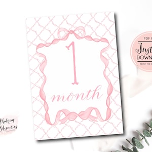 Tarjetas mensuales de hitos para niña, tarjetas mensuales de hitos con diseño de cuadros vichy y acuarela para niña, tarjetas de hitos con lazo rosa, descarga instantánea preppy