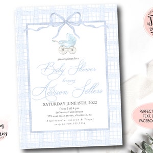 Baby carriage shower invitation, Boy Baby Shower, Preppy Southern baby shower invite, Blue Stroller baby shower, Editable Boy Shower