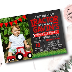 Red Tractor Birthday Invitation, Photo Tractor invite, Template, instant download,  Tractor birthday, Tractor party, Tractor invitation,