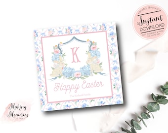 Afdrukbare paastags, Crest Easter Favor Tags, preppy girl aquarel Easter tag, vrolijk Pasen, monogram pasen pasen tag, familie tag