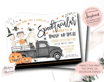 Może przedstawiać: Zaproszenie na Halloween z napisem "Spooktacular Drive By Trunk or Treat". Projekt przedstawia czarną ciężarówkę przewożącą postacie z kreskówek, dynie i pająki. Zaproszenie zawiera szczegóły wydarzenia.