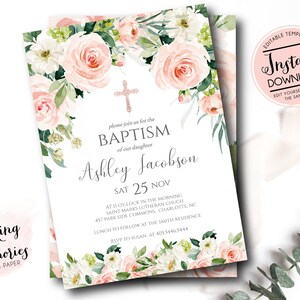 Blush Baptism invitation, First Communion Invite, INSTANT download , Floral Invitation, pink, DIY, Invite, edit yourself, pink baptism, et3