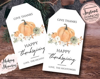 Pumpkin Thanksgiving favor tag, thanksgiving gift tag, Autumn gift tag, give thanks, very blessed, Fall Thankful Gift Tags, editable tags