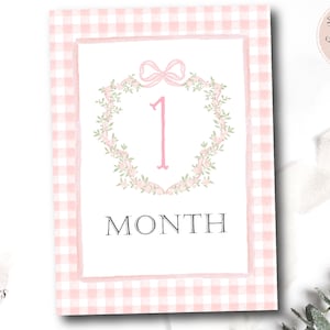 Girl Monthly Milestone Cards, Baby Girl gingham Watercolor Crest Monthly Milestone Cards, Grandmillennial Milestone Cards, Instant Download