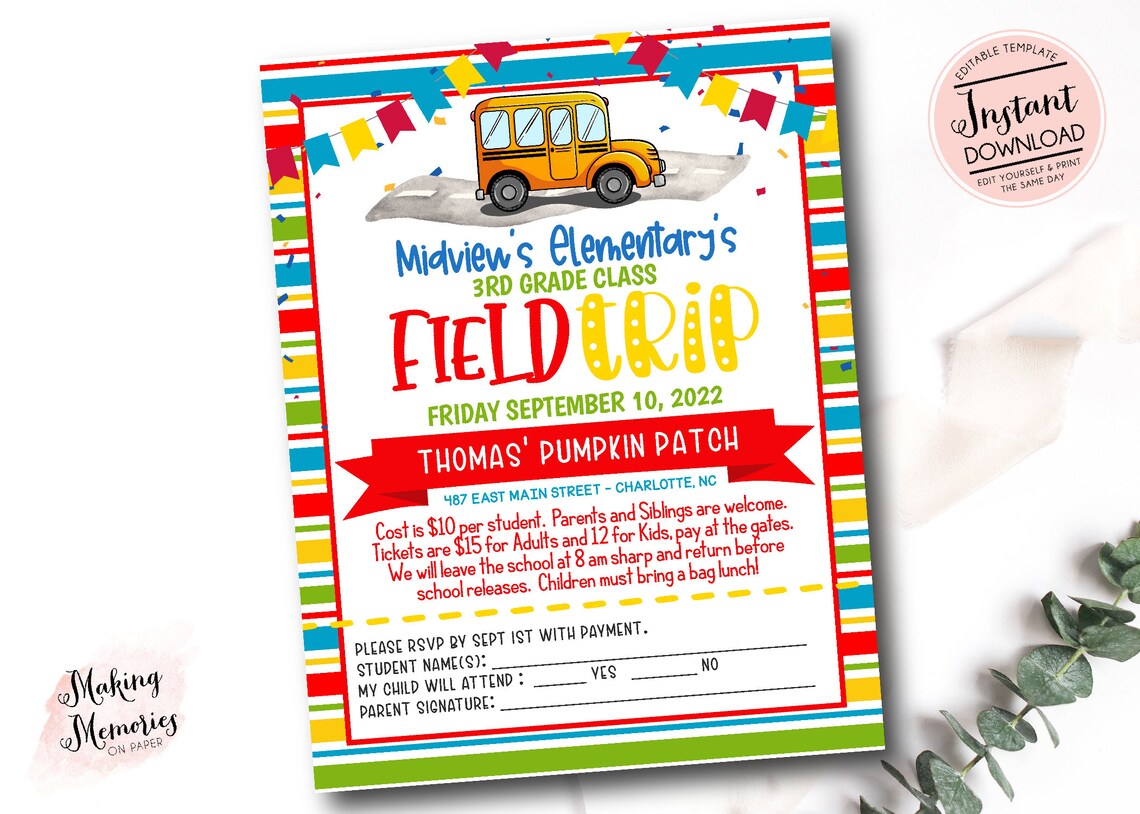 Field Trip Permission Slip Form Field Trip Flyer School Etsy