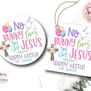 Ningún conejito te ama como la pegatina de Pascua de Jesús, etiqueta de Pascua de la iglesia, etiquetas de regalo de Pascua, círculo de Pascua para niños religiosos, cesta de regalo, etiquetas de recuerdo de fiesta