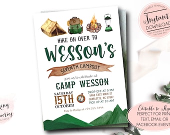 Camping Invitation, Camping Birthday Invite, Boy Sleepover Invitation, Outdoors Birthday, Adventure Birthday, Editable Camping Invite
