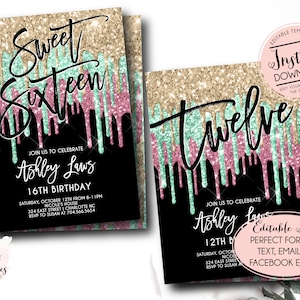 May include: Editable birthday party invitation template with a glittery gold, pink, and green drip design. The text says "Sweet Sixteen" and "Ashley Laws 16th Birthday".