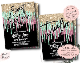 Teen Birthday invitation, Pink and teal Glitter Birthday Invitation, Any age birthday invite, instant download Template, 16th birthday, girl