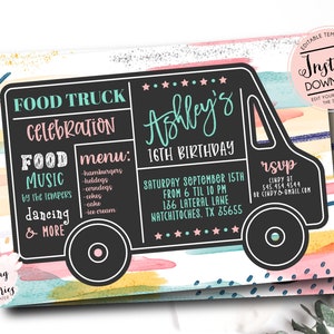 Invitation de food truck, anniversaire de food truck, remise des diplômes de food truck, invitation au festival d'automne, invitation de food truck rose, invitation de food truck fille